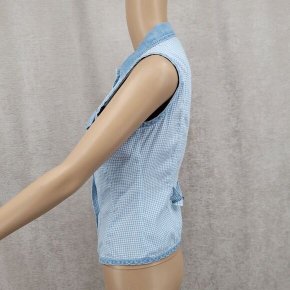 Sasson Vintage 90s Blue Gingham and Denim Sleeveless Pearl Snap Shirt Western - Picture 3 of 7